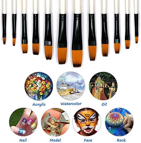Acrylic Paint Brushes Set, 12pcs Flat Tip Nylon Hair Artist Paintbrushes for Acrylic Watercolor Oil Ink Canvas Painting, Face Body Nail Art, Rock, Model, Shoes, Crafts & Paint by Number, Art Supplies