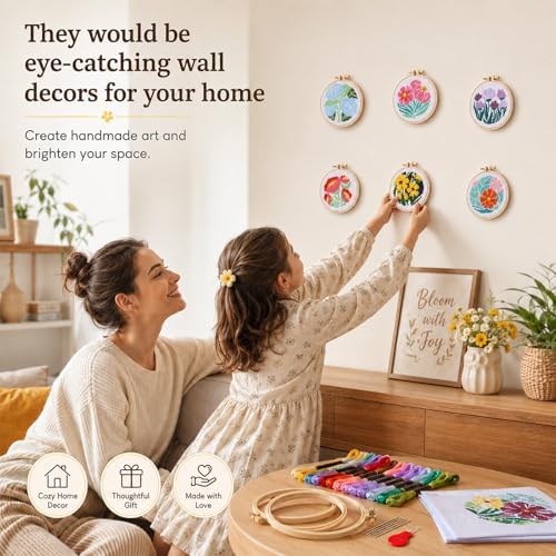 ZOIIWA 6PCS Flower Embroidery Kit for Beginners Adults Summer Cross Sewing Kits DIY Starter Hand Embroidery Kit with Needlepoint Patterns Hoop Threads Needles Instructions Craft Gift for Home Decor