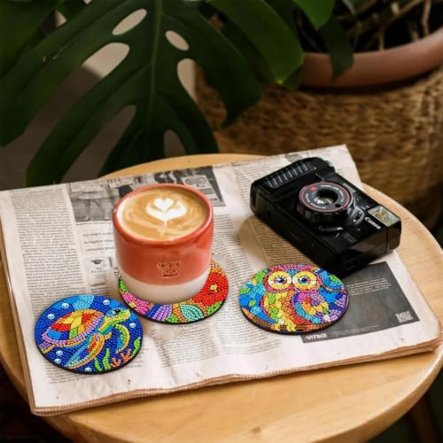 CRZMODE 8 Pcs Stained Glass Animals Diamond Art Coasters Kits, Diamond Painting Coasters with Holder Set of 8, DIY Animals Art Crafts Supplies for Adults Cup Mat House Warming Gifts Non-Slip