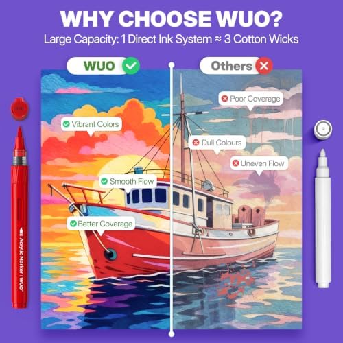 WUO 72 Colors Acrylic Paint Markers Brush Tip with Automatic Ink Control