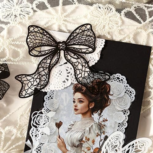 20Pcs Lace Bow Stickers for Scrapbooking Junk Journal Supplies Black White Bows PET Stickers for Journaling Scrapbook Sticker Pack Collage Vintage Decorative Sticker Stationery Decals for Crafts