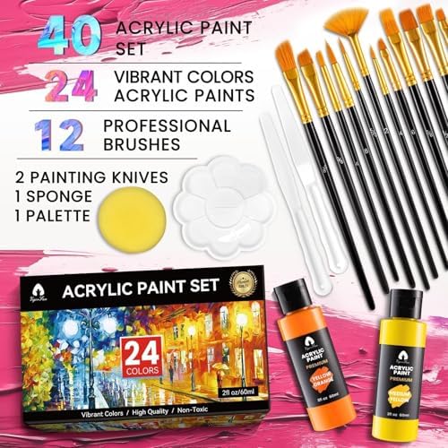 40 Pcs Acrylic Paint Set - 24 Colors (2oz/60ml) with 12 Brushes, 2 Knives & Palette - Rich Pigments for Adult, Artists & Beginners - Painting on Halloween Pumpkin Canvas Ceramic Rock Wood