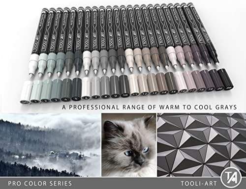 Acrylic Paint Pens 22 Gray Tones Assorted Pro Color Series Markers Set 0.7mm Extra Fine Tip for Rock Painting, Glass, Mugs, Wood, Metal, Canvas, Projects, Non Toxic, Waterbased, Quick Drying