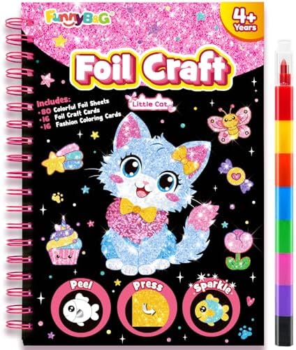 FUNNYB&G Foil Art Craft Kit for Kids, Sparkly Birthday Gift Toy for Girls | No Mess, Kids Ages 4-10 Create Sparkling Artwork, A Creative Gift for Birthdays, Holidays, Travel Activities,Screen-Free Fun