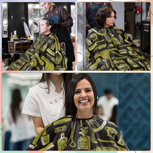 Professional Hair Cutting Cape with Neck Duster Brush, Large Size Salon Barber Cape for Men, Women and Kids(Yellow Barber Supplies Pattern)