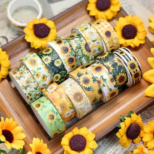 16 Roll Washi Tape Set, Sunflower Design, 3m x 15mm, Multicolored, Water Resistant, Repositionable, Arts And Craft Tape