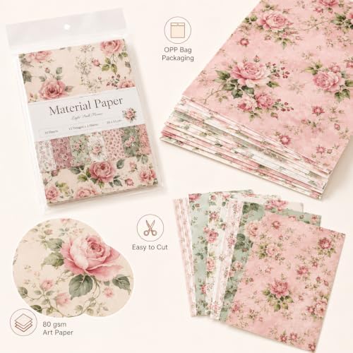 30 Sheets Vintage Floral Scrapbook Paper, 5.5x7.9 Inch Single-Sided Light Pink Rose Aesthetic Craft Paper for Junk Journaling, Card Making, Collage, Decoupage & DIY Projects
