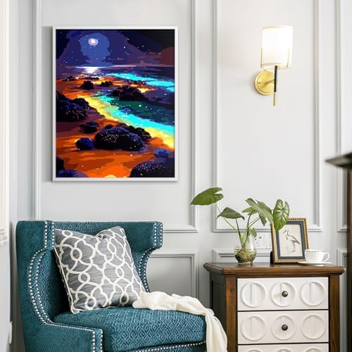 Yunnuo Paint by Numbers Kit for Adults, Seaside Night Scene Adult Paint by Number Kits on Canvas, DIY Beach Number Painting for Wall Decoration Festival Gifts 16"x20"(Glowing Sea Water& Moon)