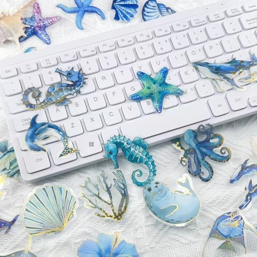 50pcs Ocean Animal Stickers for Laptop Water Bottles, Gold stamp Transparent PET Waterproof Adhesive Fish Decal Under The Sea Marine Life Sticker for Kids Birthday Party Scrapbook Gift box(Gold stamp)