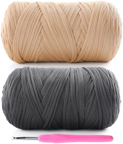 2 Pack Tshirt Yarn for Crochet - 800 G/260 Yds T Shirt Soft Elastic Fabric T-Shirt Yarn for Crocheting Bags Baskets Home Decor with 1 Crochet Hook (2, Dark Grey+Khaki)