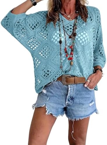 Bohemian Crochet Tops for Women 3/4 Sleeve V-Neck Open Knit Pullover Beach Cover Ups Hollow Out Boho Vacation Blouse