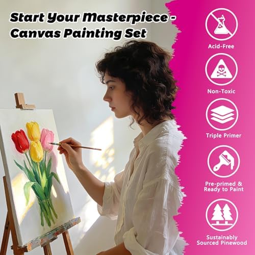 5 Pack Stretched Canvas for Painting, 5 Size 4x4” to 12x16, 100% Cotton with Natural Cottonseed Husk, 5/8" Thick Frame, Triple-Primed, Warp-Resistant, Ready to Paint for Acrylics, Oils