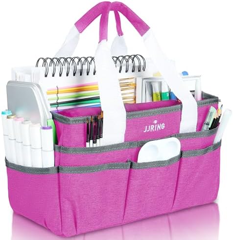 JJRING Craft Organizer Tote Bag Art Storage Caddy Deep Red | With Multiple Pockets For Sewing, Scrapbooking, School, Medical, And Office Supplies