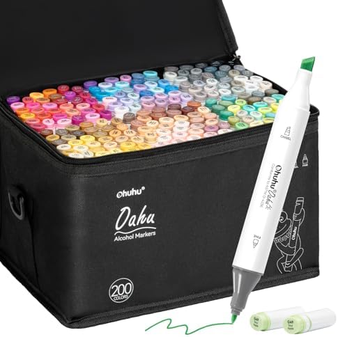 Ohuhu Alcohol Markers 200 Colors Chisel& Fine for Adult Coloring Refillable | AP Certified Art Marker, Dual Tips Alcohol-based for Artists Beginners Drawing Illustration Sketching, Oahu of Ohuhu Markers