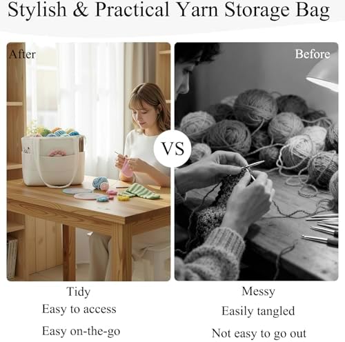 Crochet Bag for Yarn Storage, Puffer Knitting Bag with Soft Handles, Lightweight Yarn Storage Organizer with Zipper for Crochet Accessories, Gifts for Crocheters (Beige)