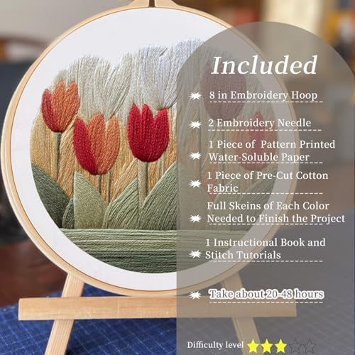 FONNUY Embroidery Kit for Beginners, Tulips Flowers Pre-Stamped Pattern Kits for Adults with Hoop, Easy to Follow Color Thread Needlework, 8'' Hoop (White)