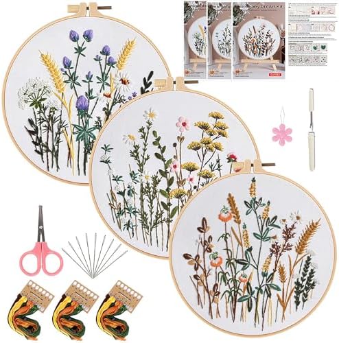 Herdiese Embroidery Kit for Beginners & Adults, 3PCS Floral Patterns.