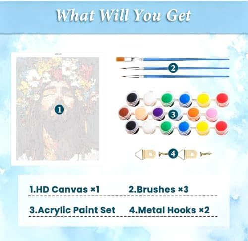 Jesus Paint by Numbers Kit for Adults, Flower Painting by Numbers 16x20 In | Religion Paint by Number for Adults Beginner, Acrylic Number Painting, Arts and Crafts Kit for Adults for Gifts Home Decor