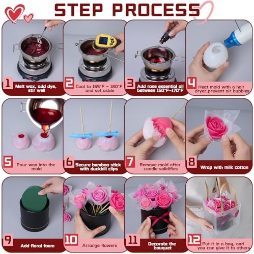 Rose Candle Making Kit with Round Gift Box,DIY Soy Wax Kit(Black)