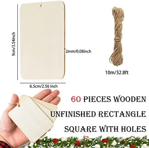 60 Pcs Wooden Tags 2.5 x 3.5 Inch Unfinished Wood Pieces Rectangle Square Wooden Cutouts with Holes Wood Ornaments with 32.8ft Rope for Holiday Gift Tags DIY Craft Hanging Decorations Painting