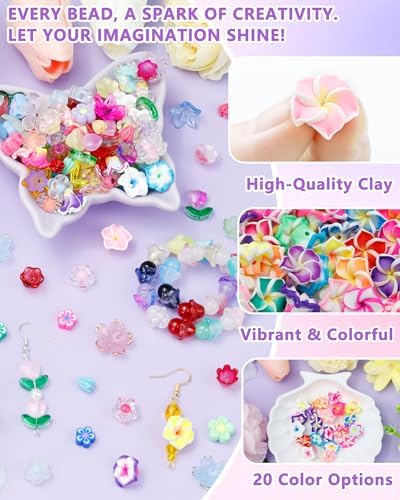 FIVEIZERO Flower Charms, 80PCS Clay Plumeria Flower Beads, 20 Colors