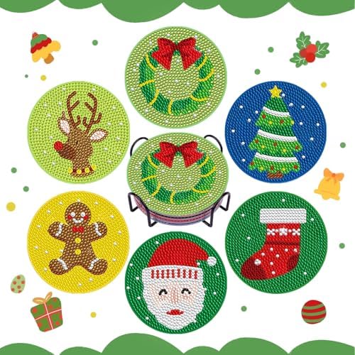 DOTSOPS 6 Pcs Christmas Diamond Art Kits for Adults - Diamond Art Coasters with Holder for Adults Beginners Diamond Craft for Christmas Birthday Gifts