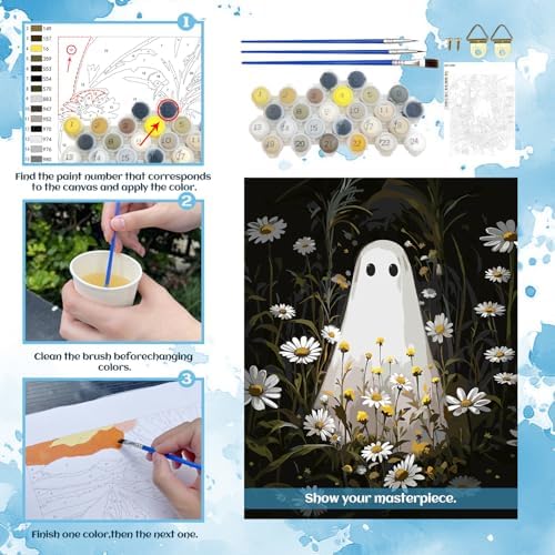 Halloween Paint by Numbers Kit for Adults, Ghost Floral DIY Art, 16x20 In
