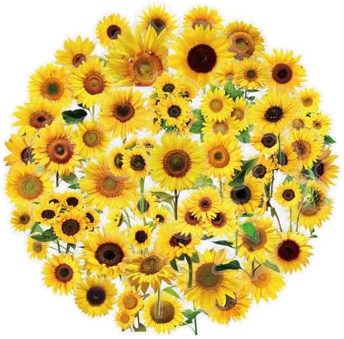 50pcs Sunflower Stickers for Laptop Water Bottles, Transparent PET Waterproof Aesthetic Sticker for Kids Birthday Party Scrapbook Phone (Yellow)