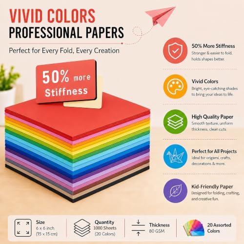 BUBU Origami Paper Kit 1000 Sheets 6x6 Inch Colored Craft Paper with Guide | Double Sided,Step-by-Step Guide,Multi Colors,No Fading Paper,Clean Crisp Folds,Perfect for Kids,Beginner,School Craft,Adult