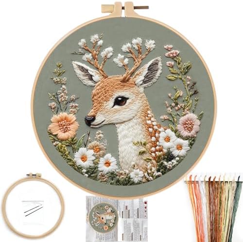 FONNUY Printed Deer and Floral Embroidery Kit with Hoop, Cross Stitch Kits for Beginners, Handmade Crafts, Easy to Follow Color Thread Needlework, 8'' Hoop (Deer and Blossoms)