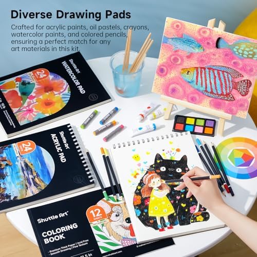 Shuttle Art Deluxe Gift Art Kit, 202-Piece Wooden Art Supplies Set with 4 Drawing Pads, Canvases, Coloring Sheets, Acrylic Paint, Crayons, Oil Pastels, Colored Pencils for Kids