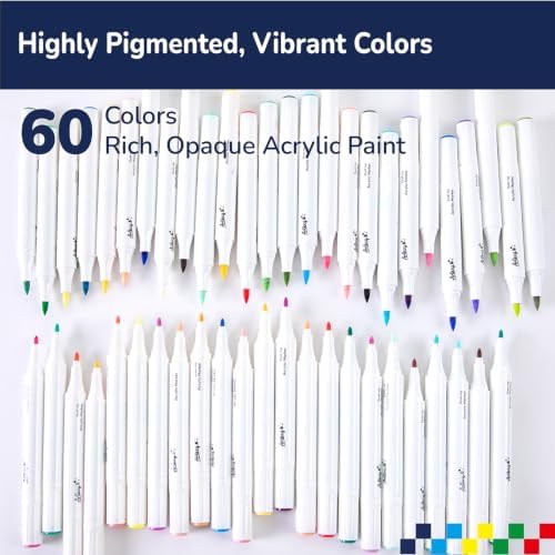 Artkey Acrylic Paint Markers 60 Colors, Dual Tip Acrylic Paint Pens with Brush and Fine Tips, Acrylic Markers Set for Rock Painting, Wood, Canvas, Glass, Ceramic, Stone, Fabric, Plastic, DIY Crafts