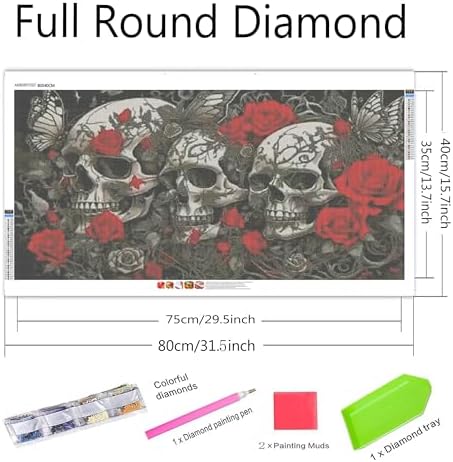 NFDPFUN Large Size Skull Diamond Painting Kit for Adults,Gothic Rose Diamond Art Kits,Full Round Diamond Art Paintings,Diamond Dots,Mosaic Gem Arts and Crafts,Halloween Wall Decor,31.5x15.7 inch