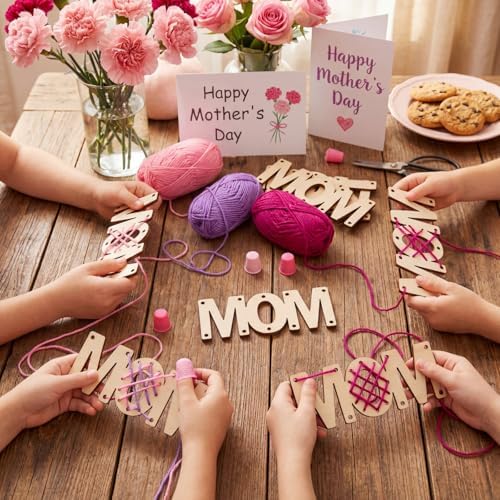 Kathfly 24 Sets Mother's Day Wooden Craft Kit, Wood Mom String Craft Ornaments with Yarn and Plastic Weaving Tools, DIY Lacing Art Hanging Decorations for Activities Handcraft Gifts