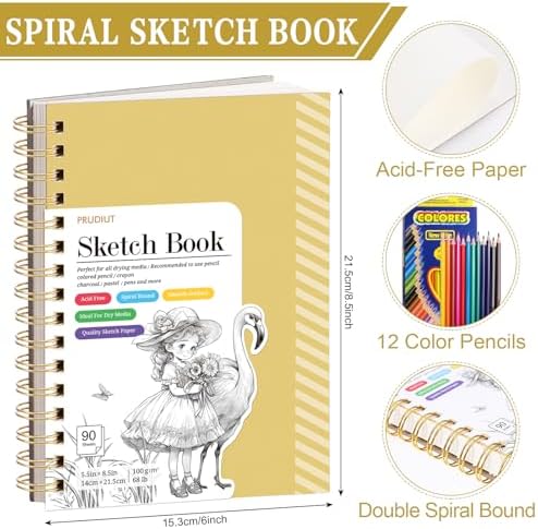 5.5×8.5In Sketch Book for Kids, 100gsm Spiral Sketchbook for Drawing,Yellow | 90 Sheets Acid-Free Drawing Paper with Pencils, Tear-Out Pages, for Drawing & Sketching, idea for Back-to-School Gifts
