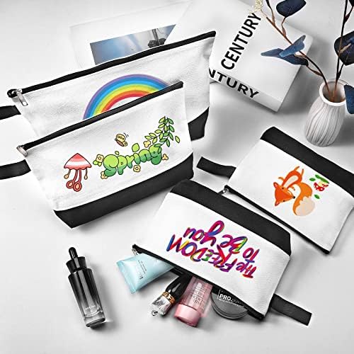 10 Pieces Cotton Canvas Makeup Bag with Bottom and Strap, Multi-Purpose Cosmetic Bag with Zipper Travel Toiletry Pouch, Blank DIY Craft Bag (White&Black, S)