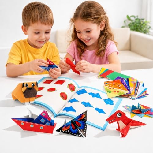Xuoent Origami Kit for Kids, 100 Sheets Paper Crafts Kits, Ages 5-12+ | Included: 100 sheets with 45 patterned papers (2 each) plus 10 solid colors, origami book and video tutorials for kids.