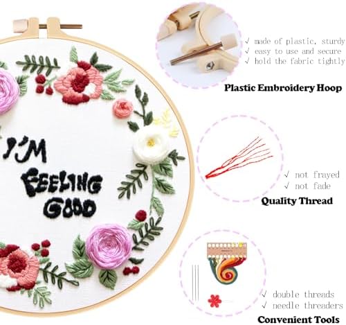 Topapfo Funny Embroidery Kit for Beginners Adults, Feeling Good Embroidery Patterns with Hoops Thread Needles Tutorials