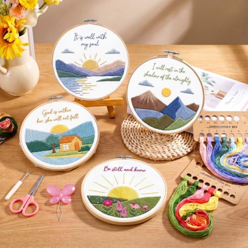 Fanfanwin 4 Pack Christian Embroidery Kit for Beginner Christian Cross Stitch Kits Easy Embroidery with Hoop, Needles, Threads, Instruction, Threads Tools for Hand Craft Lover Women Birthday Gift