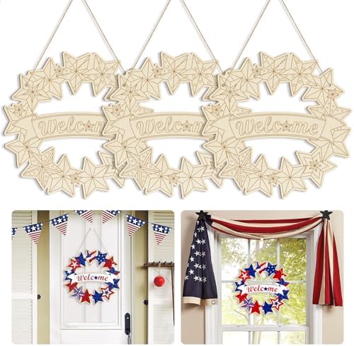 Large 12" Wooden 4th of July Crafts Star Ornaments to Paint, DIY Blank Unfinished Star Door Sign Wreaths for Front Door Plaque 250th Anniversary Hanging Patriotic Day Independence Day Decorations