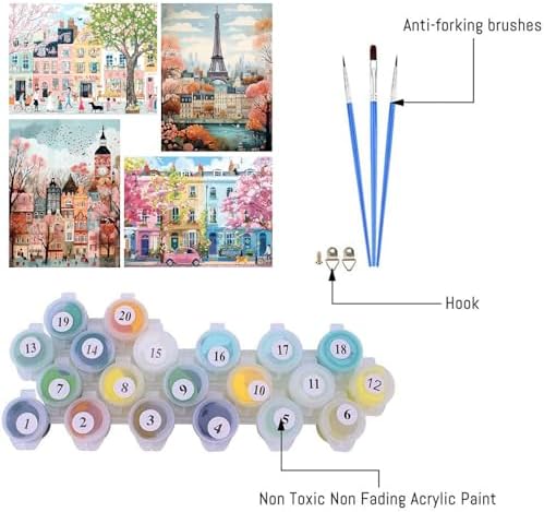 Clendo 4 Packs City Scene Paint by Numbers Kits for Adults, DIY Paris Street Adult Paint by Number Kits on Canvas, Easy Acrylic Painting Kits for Home Decor 12x16 Inch(Without Frame)