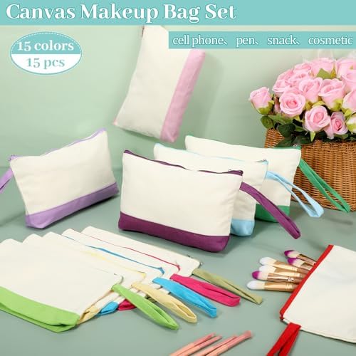 Silkfly 15 Pcs Cotton Canvas Makeup Bags Cosmetic Zipper Bags 10.2 x 5.5 x 2'' Blank DIY Pouch Bulk Pencil Case with Bottom Travel Toiletry Pouch for Women Craft Decor Gift (Novel Colors)