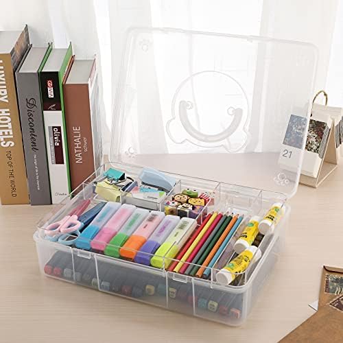 BTSKY 2-Tier Cute Bear Storage Box with Removable Divided Tray Portable Clear Plastic Art Craft Supply Organizer Stackable Home Office Supplies Storage Container for Pens Notes A4 papers etc (Clear)