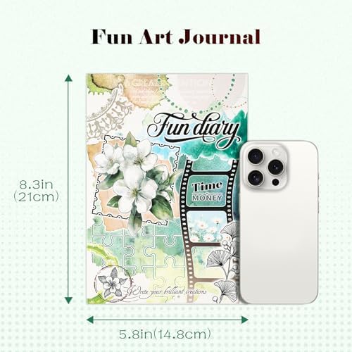 Dizdkizd Creative Art Journal Notebook with 28 Interesting Concept Templates Pages and 8 Die-Cut Stickers for Junk Journal, Scrapbook, Mixed Media, 8.3in × 5.8in, Green