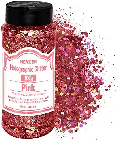 HEMOER Pink Glitter, 100g/3.5oz Holographic Chunky Glitter Mixed Hexagon Chunky & Fine Flakes Iridescent Sequins for Epoxy Crafts, Resin, Nail Body, Tumblers, Party Decoration