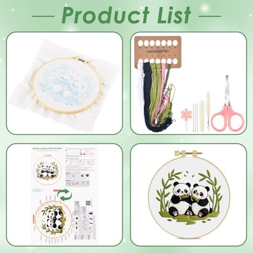 ERKOON Embroidery Kit for Beginners Adult, Cross Stitch Set Include Embroidery Cloth Hoop Threads for Craft Lover Hand Stitch with Embroidery Skill Techniques (Panda)