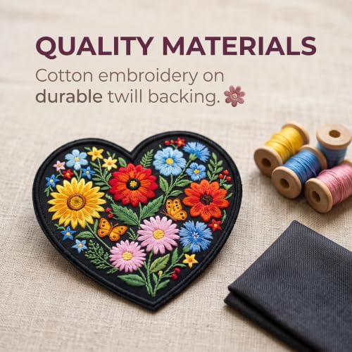 Heart Flower Patches for Clothes 3 inch - Iron On Heart Patches for Backpacks Gift, DIY Applique Accessories, Trucker Hats - Wildflower Applique Embroidery Patch