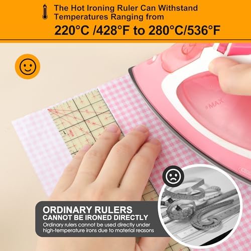 Thin Hot Hem Ruler Rounded Corner Ironing Ruler for Pocket All-in-one Ruler for Sewing Quilting Heat Resistant Non-Slip Hot Ruler Efficient Precise Sewing Tool Seam Guide 10X5inch