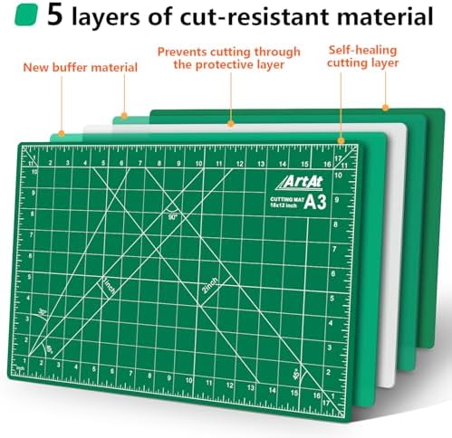 ArtAt A3 Self Healing Cutting Mat 12''x18'' 5 pack | Double-Sided 5-Ply Craft Cutting Board with Grid ,Slip-Resistant Cutting Mat for Fabric,Quilting, Crafts & Hobbies(Green)