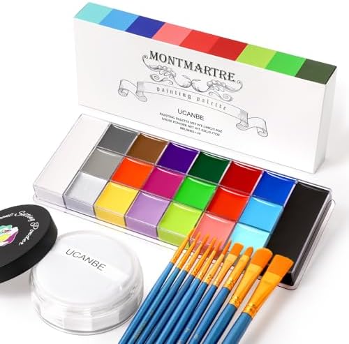 UCANBE 20 Colors Oil-Based Face Body Paint Kit, 10 Brushes & Setting Powder